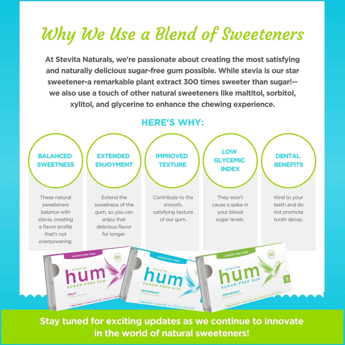 Infographic titled "Why We Use a Blend of Sweeteners" by Stevita Naturals. It highlights benefits of using stevia, maltitol, sorbitol, xylitol, and glycerine in gum. Benefits include balanced sweetness, extended enjoyment, improved texture, low glycemic index, and dental benefits. Image features boxes of sugar-free gum in fruit, peppermint, and spearmint flavors at the bottom. Tone is informative and promotional.