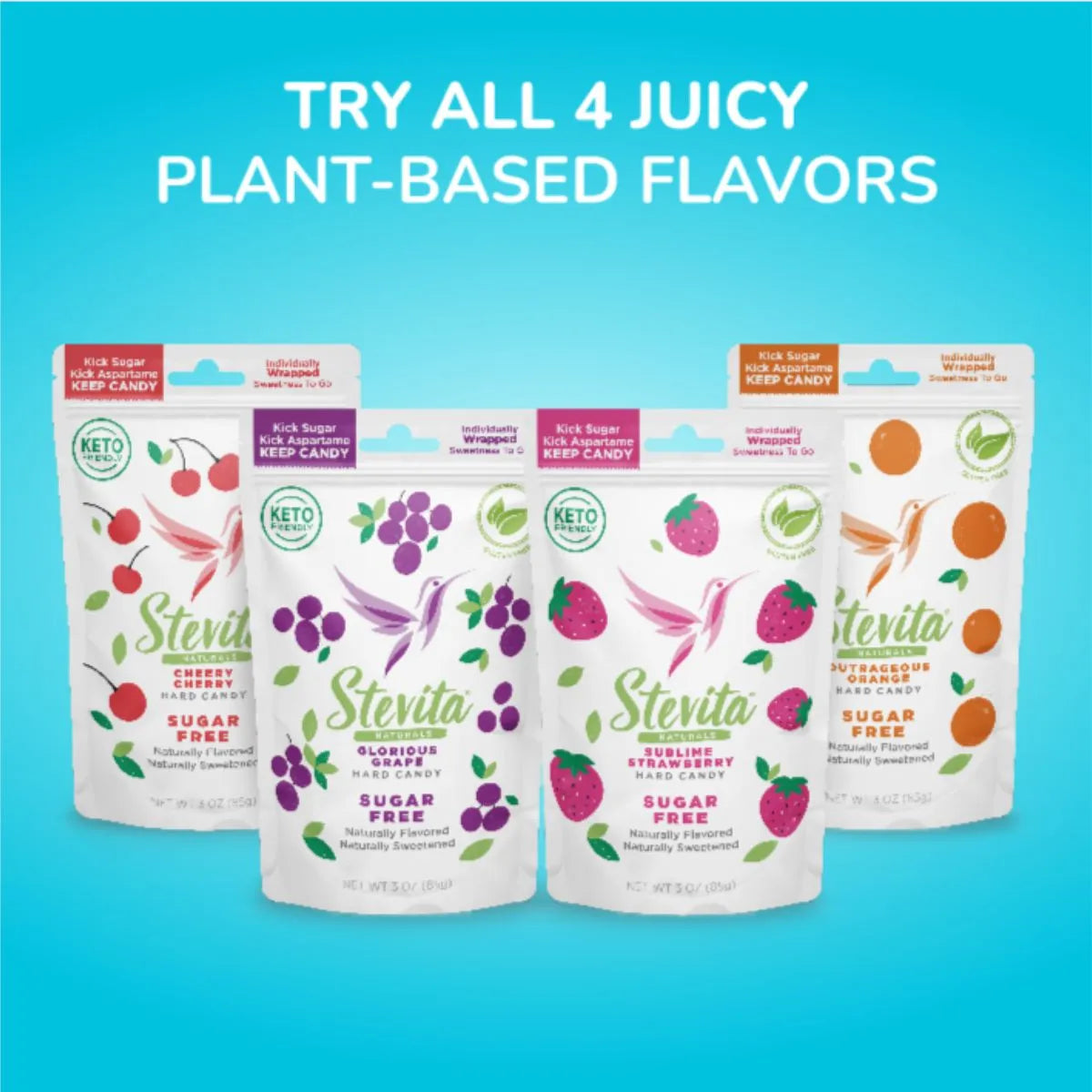 Promotional image featuring the range of Stevita's sugar-free hard candy flavors, inviting customers to try all four plant-based options.
