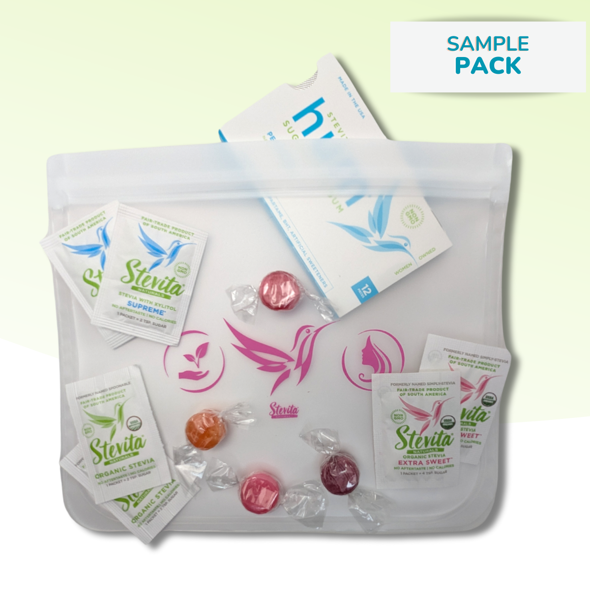 Clear pouch with Stevita sweetener packets and colorful candies. Text reads "Sample Pack."