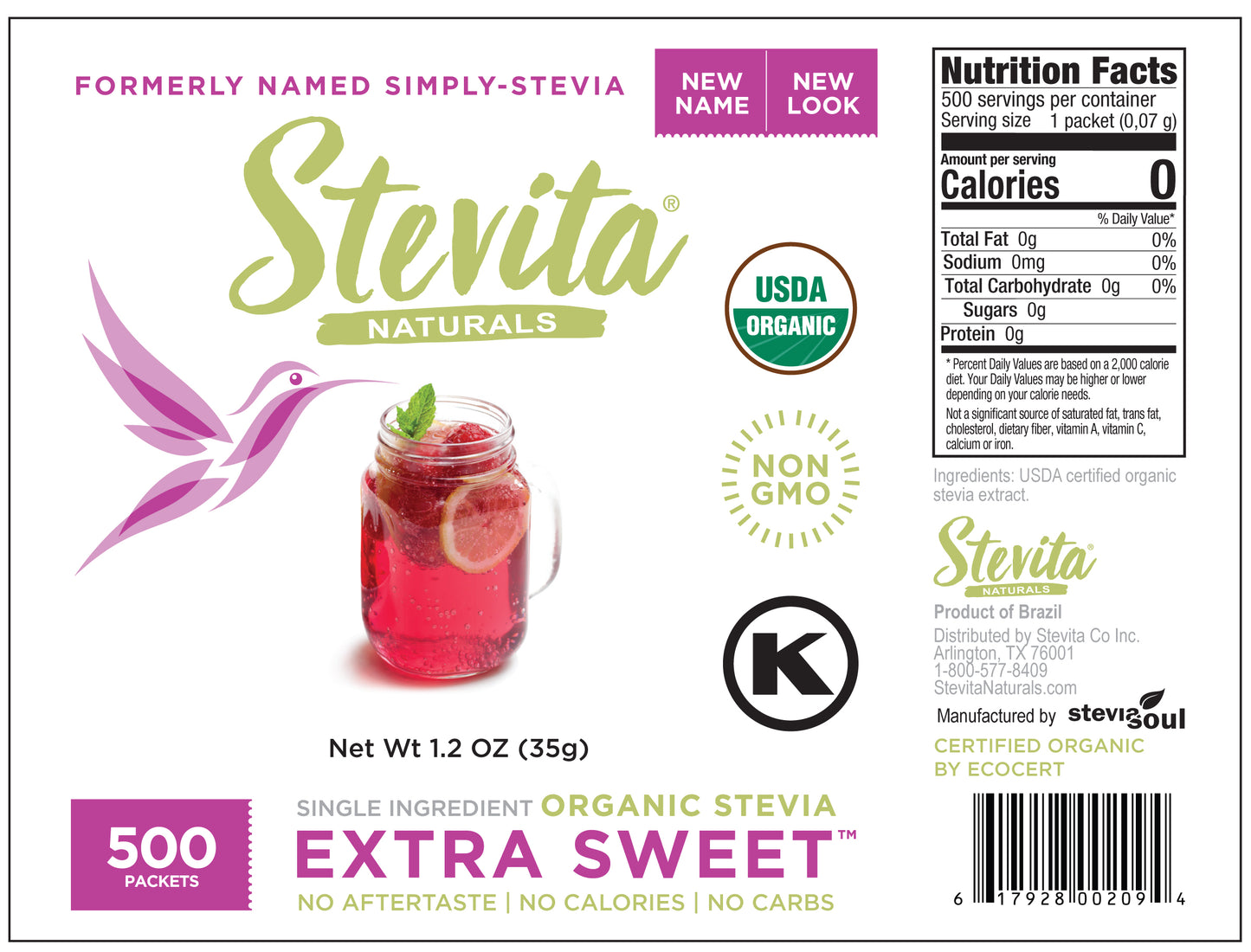 Extra Sweet Organic Stevita Pure Stevia (Simply Stevia) - Bulk 500ct Packets