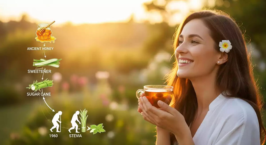 A woman enjoying a healthy beverage, with a visual timeline showcasing the history of sweeteners from ancient honey and sugar cane to natural stevia, highlighting its role in sugar-free living and healthy eating.