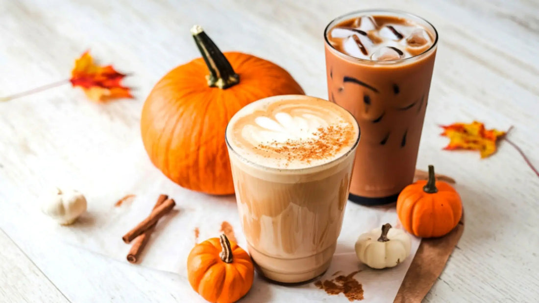 A cozy warm drink and an iced beverage, both sugar-free and sweetened with stevia, accented with fall pumpkins and cinnamon, emphasizing natural sweetness and wellness goals.