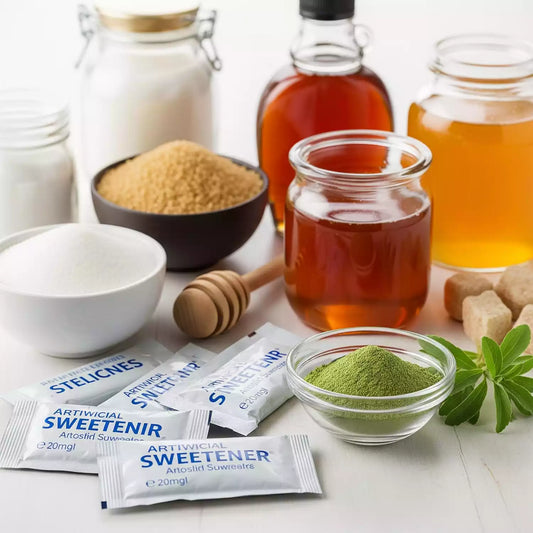 Assortment of sweeteners: white sugar, brown sugar, maple syrup, honey, agave, artificial sweetener packets, and green stevia powder. Discussing the safety of alternatives like erythritol