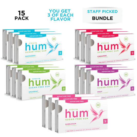 15-pack of Stevita hum sugar-free gum, featuring peppermint, spearmint, cinnamon, fruit, and bubblegum flavors.Text highlights "You get 3 of each flavor" and "Staff Picked Bundle."