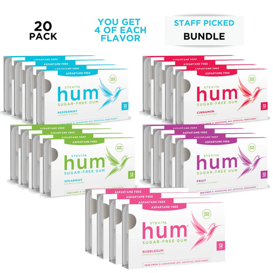 Assorted Stevita Hum sugar-free gum packages in five flavors: peppermint, cinnamon, spearmint, fruit, and bubblegum. Packaging highlights aspartame-free formulation. Text reads '20 pack, 4 of each flavor, staff-picked bundle' in a bright, modern style.