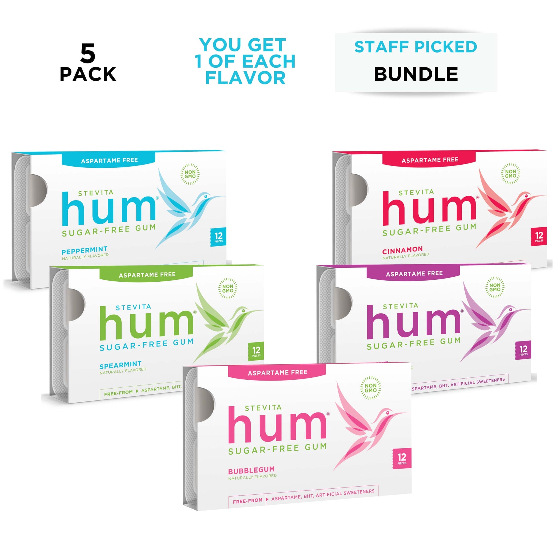 Five packs of Stevita Hum sugar-free gum in different flavors: Peppermint, Spearmint, Cinnamon, Bubblegum, and Fruit. Each is aspartame-free.