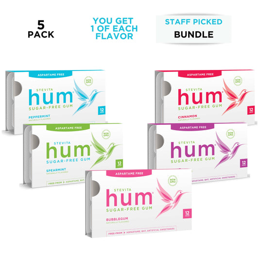 Five packs of Stevita Hum sugar-free gum in different flavors: Peppermint, Spearmint, Cinnamon, Bubblegum, and Fruit. Each is aspartame-free.