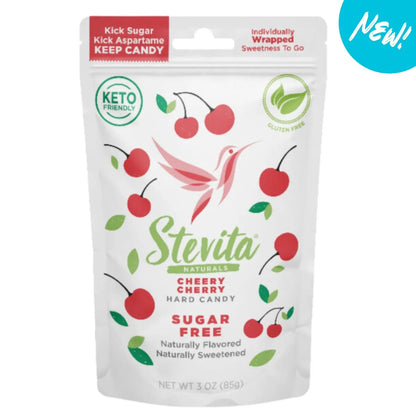 Vibrant cherry-flavored sugar-free hard candy hero image, showcasing the rich and irresistible stevia-sweetened treat.