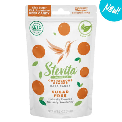 Vibrant orange-flavored sugar-free hard candy hero image, showcasing the rich and irresistible stevia-sweetened treat.