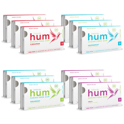 Four flavors of Stevita "hum" sugar-free gum packs: Cinnamon, Peppermint, Spearmint, and Fruit.
