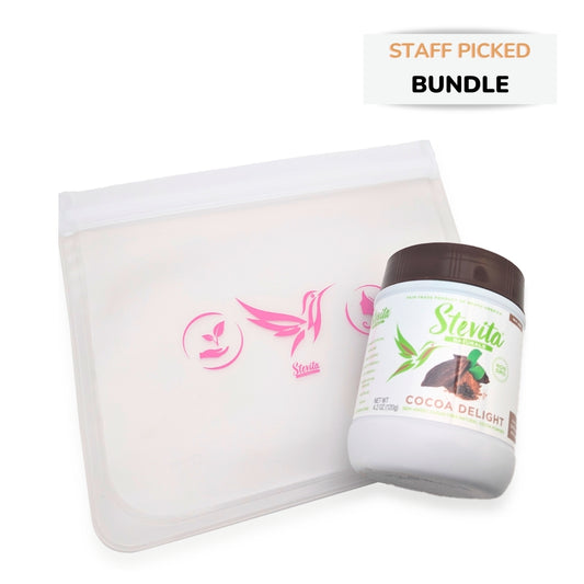1-Cocoa Delight Jar, Sugar-Free Naturally Sweetened, 1-Eco Friendly Stevita Reusable Snack Bag