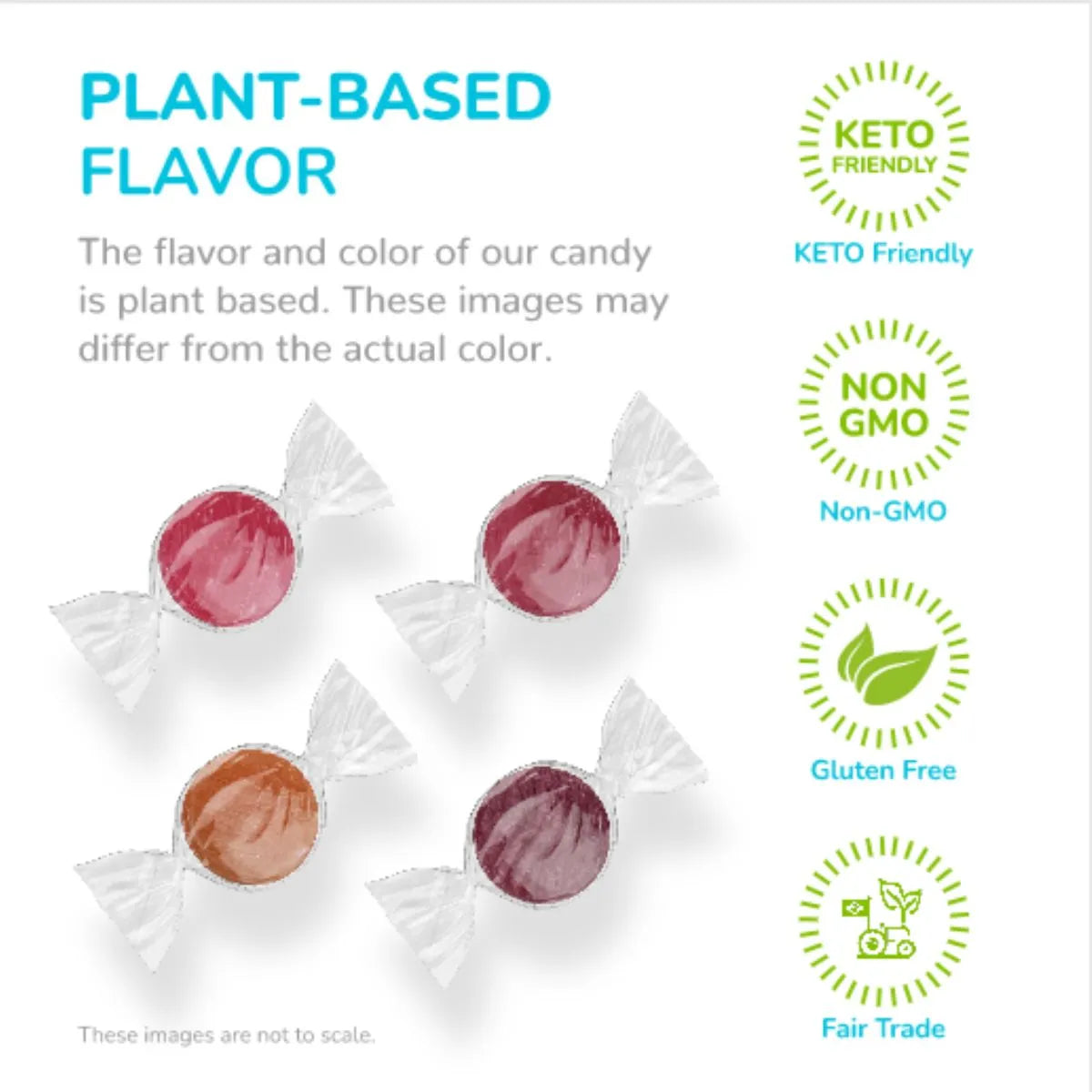 Close-up of individually wrapped sugar-free hard candies, emphasizing the plant-based, organic ingredients.