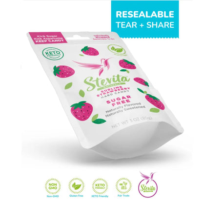 Stevita strawberry flavor sugar-free hard candy pouch, highlighting key benefits like keto-friendly, vegan, organic, diabetic supportive, and gluten-free.