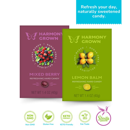 Harmony Grown candy packages in Mixed Berry and Lemon Balm flavors. Features include plant-based and sugar-free. Logos indicate non-GMO, gluten-free, keto, and fair trade benefits. The text reads "Refresh your day, naturally sweetened candy."