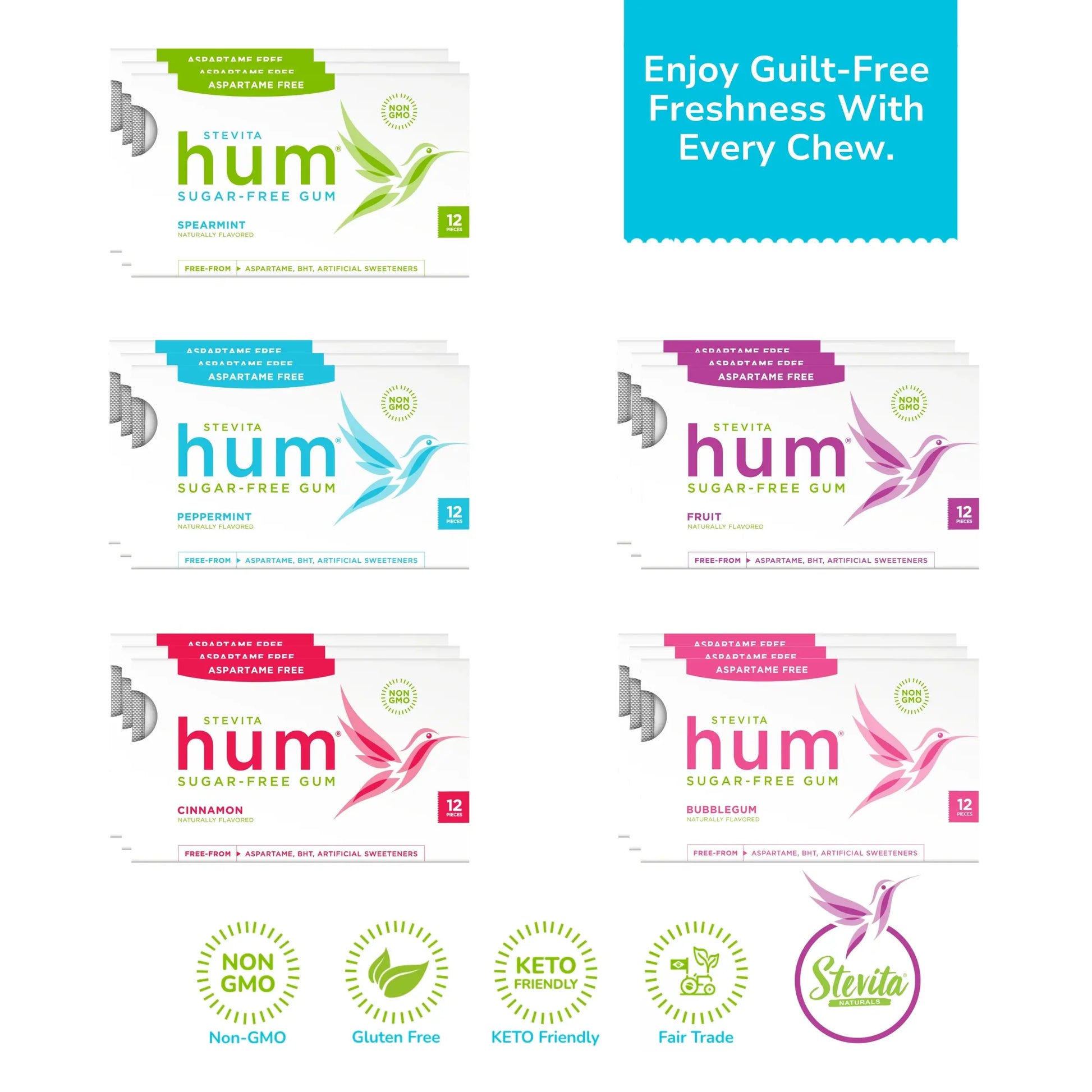Stevita Hum sugar-free gum packages in spearmint, peppermint, fruit, cinnamon, and bubblegum flavors. Text reads: "Enjoy Guilt-Free Freshness With Every Chew." Icons highlight features: Non-GMO, Gluten-Free, Keto-Friendly, Fair Trade.