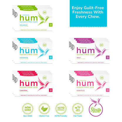 Stevita Hum sugar-free gum packages in spearmint, peppermint, fruit, cinnamon, and bubblegum flavors. Text reads: "Enjoy Guilt-Free Freshness With Every Chew." Icons highlight features: Non-GMO, Gluten-Free, Keto-Friendly, Fair Trade.