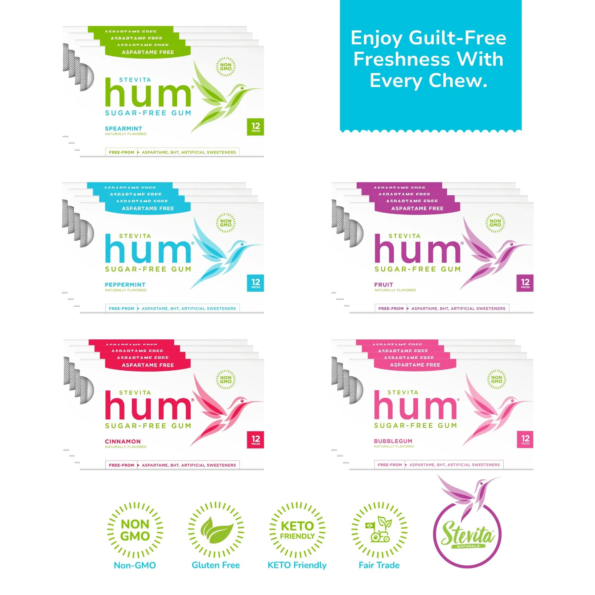 Boxes of Stevita Hum sugar-free gum in five flavors: Spearmint, Peppermint, Fruit, Cinnamon, and Bubblegum. Text: "Enjoy Guilt-Free Freshness With Every Chew." Badges: Non-GMO, Gluten-Free, Keto Friendly, Fair Trade.