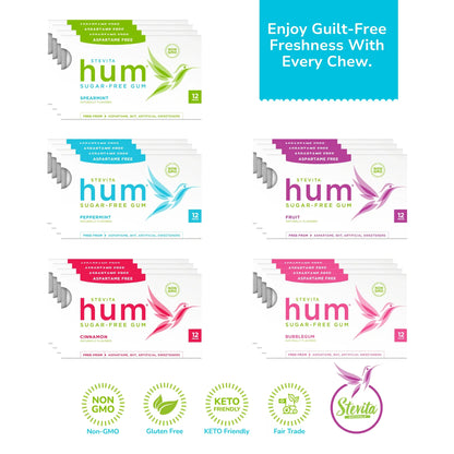 Boxes of Stevita Hum sugar-free gum in five flavors: Spearmint, Peppermint, Fruit, Cinnamon, and Bubblegum. Text: "Enjoy Guilt-Free Freshness With Every Chew." Badges: Non-GMO, Gluten-Free, Keto Friendly, Fair Trade.