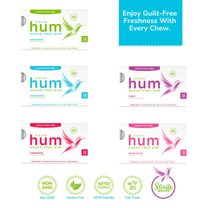 Image of five boxes of Stevita Hum sugar-free gum in different flavors: spearmint, peppermint, fruit, cinnamon, and bubblegum. Text reads, "Enjoy Guilt-Free Freshness With Every Chew." Icons depict non-GMO, gluten-free, keto-friendly, and fair trade certifications. The tone is fresh and natural.