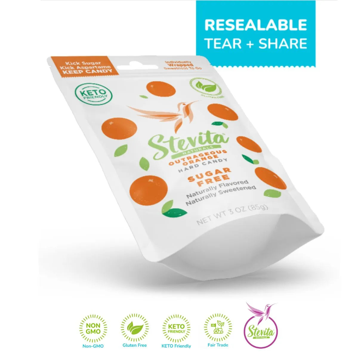 Stevita orange flavor sugar-free hard candy pouch, highlighting key benefits like keto-friendly, vegan, organic, diabetic supportive, and gluten-free.