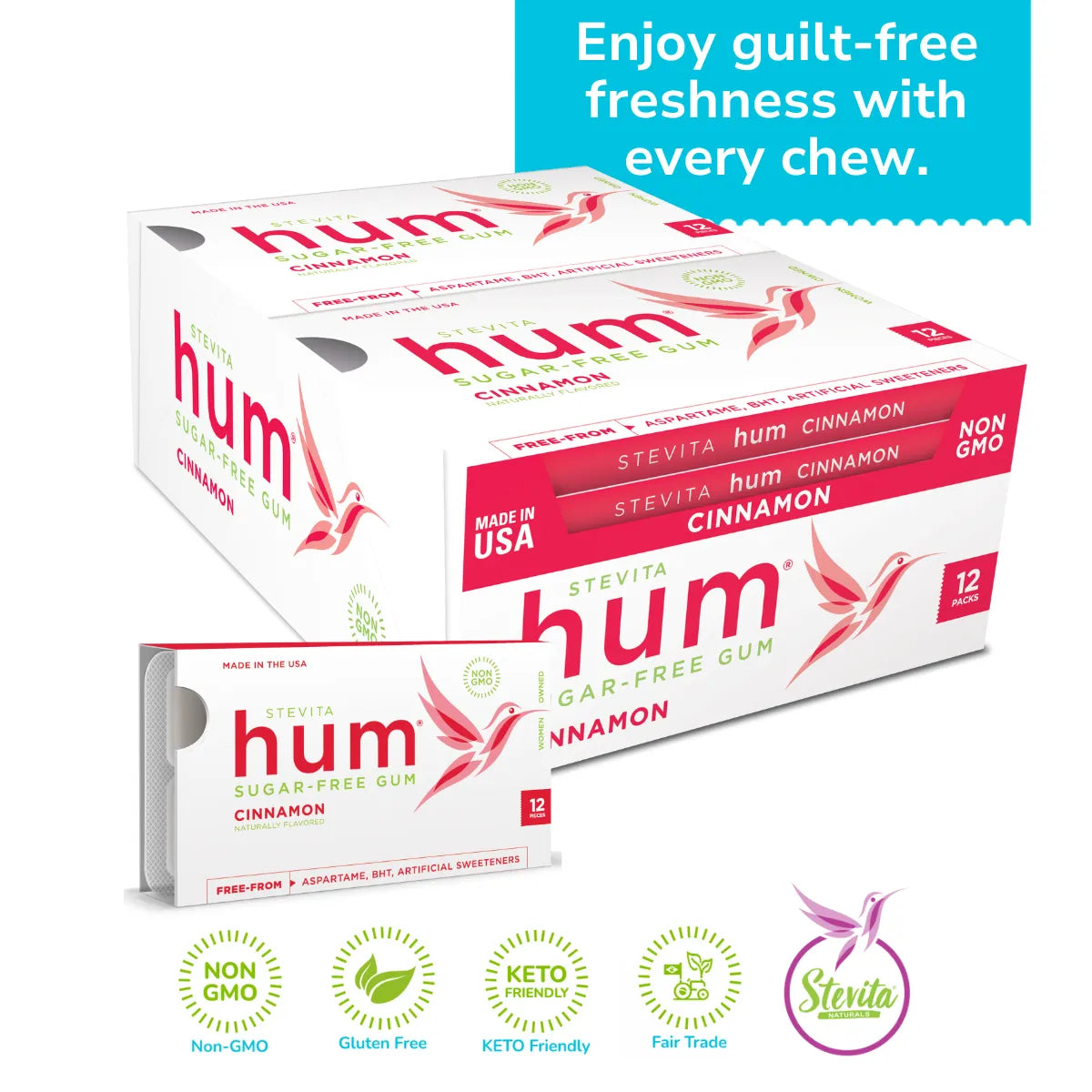 Hum Stevia Sugar-Free Cinnamon Gum, 12 packs. Non-GMO, Gluten-free, Keto-friendly, and Fair Trade certified. Enjoy guilt-free freshness.
