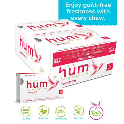Hum Stevia Sugar-Free Cinnamon Gum, 12 packs. Non-GMO, Gluten-free, Keto-friendly, and Fair Trade certified. Enjoy guilt-free freshness.