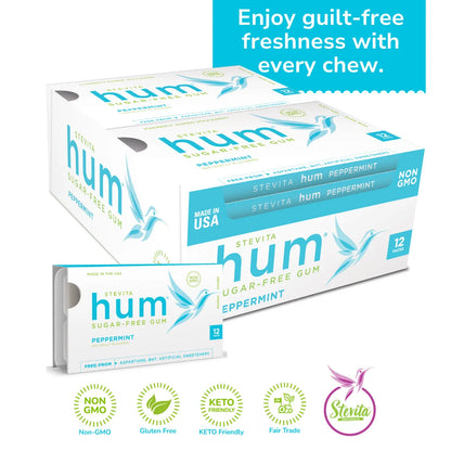 Hum Stevia Sugar-Free Peppermint Gum, 12 packs. Non-GMO, Gluten-free, Keto-friendly, and Fair Trade certified. Enjoy guilt-free freshness.