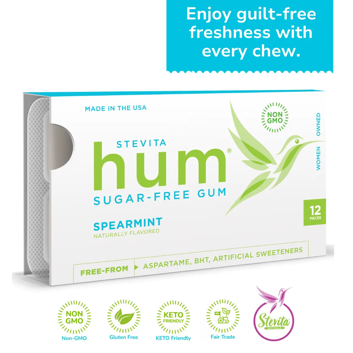 Stevia Sugar-Free Spearmint Hum Gum, 12 pieces. Non-GMO, Gluten-free, Keto-friendly, and Fair Trade certified. Enjoy guilt-free freshness.