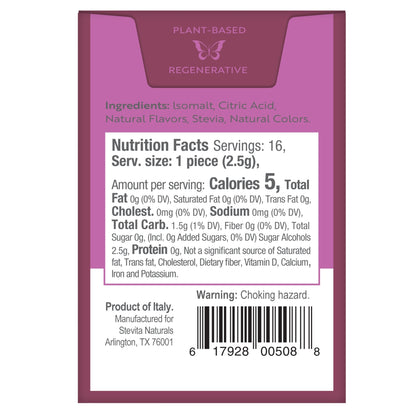 "Back view of packaging with Nutrition and ingredients details and Barcode.
Ingredients: Isomalt, Citric Acid, Natural Flavors, Stevia, Natural Colors.
Nutrition Facts Servings: 16, Serv. size: 1 piece (2.5g),
Amount per serving: Calories 5, Total Fat 0g (0% DV), Saturated Fat 0g (0% DV), Trans Fat 0g, Cholest. 0mg (0% DV), Sodium 0mg (0% DV), Total Carb. 1.5g (1% DV), Fiber 0g (0% DV), Total Sugar 0g, (Incl. 0g Added Sugars, 0% DV) Sugar Alcohols 2.5g, Protein 0g, Not a significant source of Saturated fat,