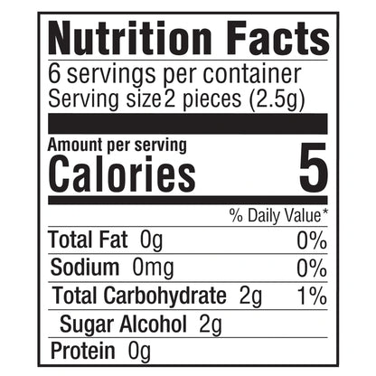 "Nutrition Facts
6 servings per container
Serving size 2 pieces (2.5g)
Amount per serving
Calories 5
% Daily Value*
Total Fat 0g 0%
Sodium 0mg 0%
Total Carbohydrate 2g 1%
Sugar Alcohol 2g
Protein 0g"