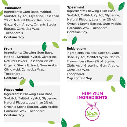 Cinnamon Ingredients: Gum Base, Maltitol, Sorbitol, Xylitol, Glycerine, Less than 2% of: Natural Flavor, Resinous Glaze, Gum Arabic, Organic Stevia Extract, Carnauba Wax, Tocopherols. Contains Soy
Spearmint Ingredients: Chewing Gum Base, Sorbitol, Maltitol, Xylitol, Glycerine, Natural Flavors, Less than 2% of: Organic Stevia Extract, Gum Arabic, Carnauba Wax, Tocopherol. Contains Soy
Fruit Ingredients: Chewing Gum Base, Maltitol, Sorbitol, Xylitol, Glycerine, Natural Flavors, Less than 2% of: Organic Stevia