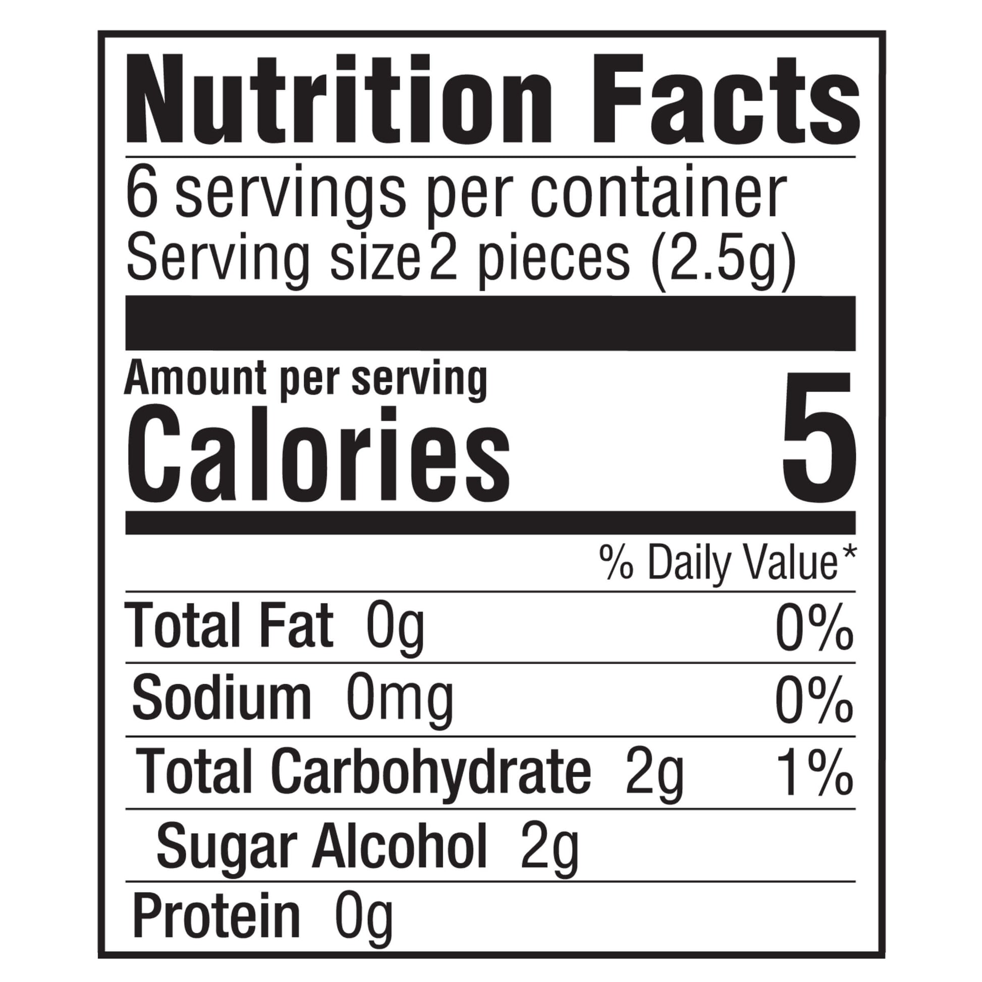 Nutrition Facts
6 servings per container
Serving size 2 pieces (2.5g)
Amount per serving
Calories 5
% Daily Value*
Total Fat 0g 0%
Sodium 0mg 0%
Total Carbohydrate 2g 1%
Sugar Alcohol 2g
Protein 0g