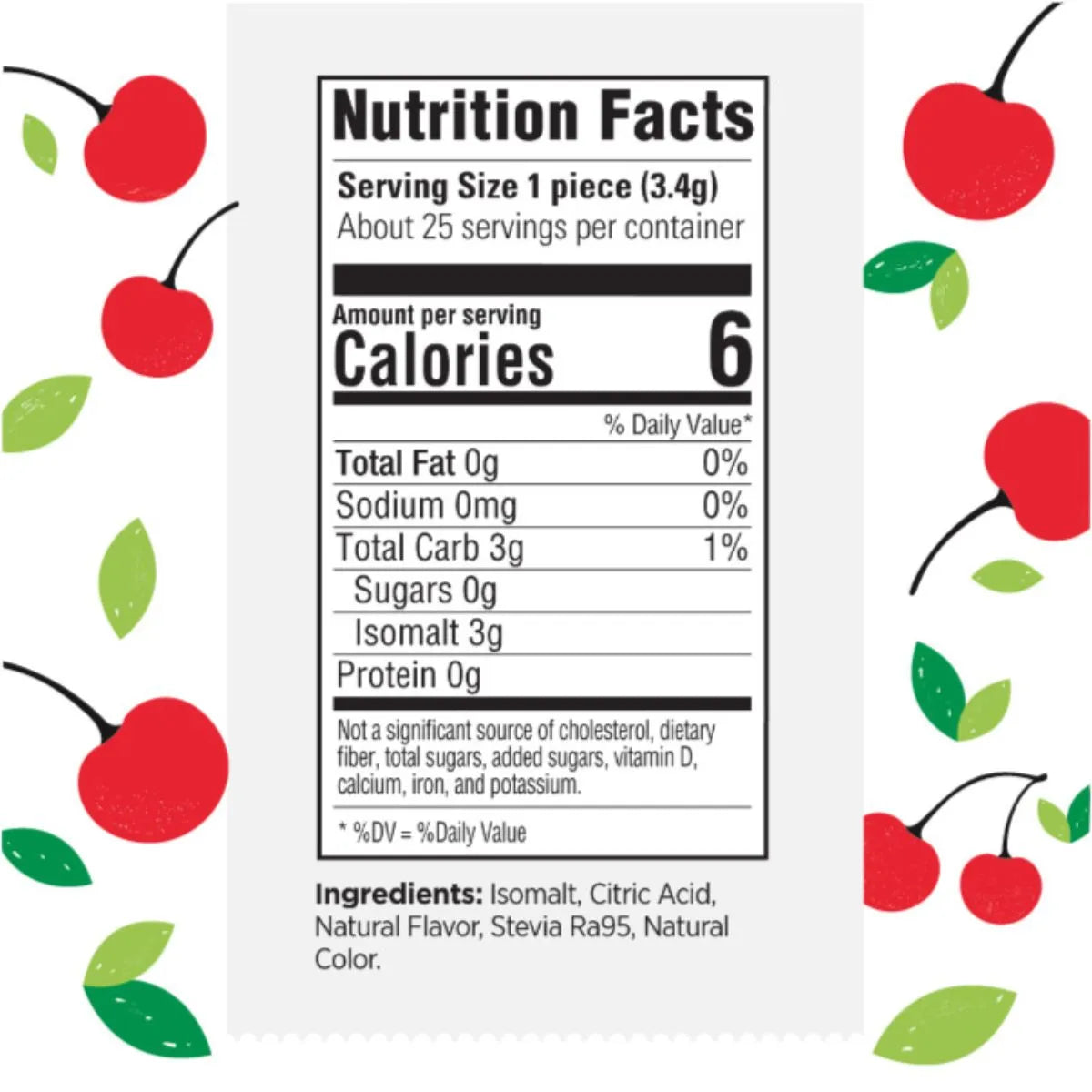 Detailed nutrition facts and ingredients list for cherry-flavored sugar-free hard candy, emphasizing stevia sweetening and no artificial additives.