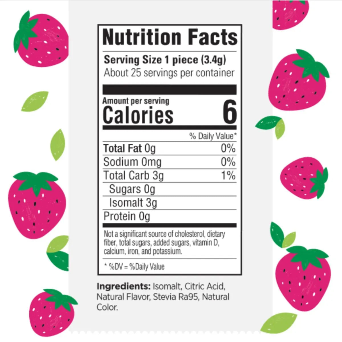 Detailed nutrition facts and ingredients list for strawberry-flavored sugar-free hard candy, emphasizing stevia sweetening and no artificial additives.