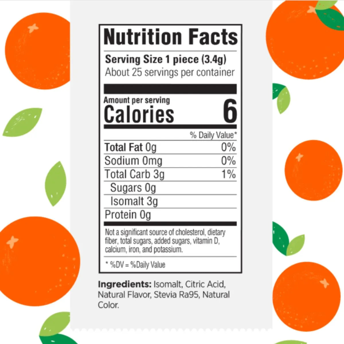 Detailed nutrition facts and ingredients list for orange-flavored sugar-free hard candy, emphasizing stevia sweetening and no artificial additives.