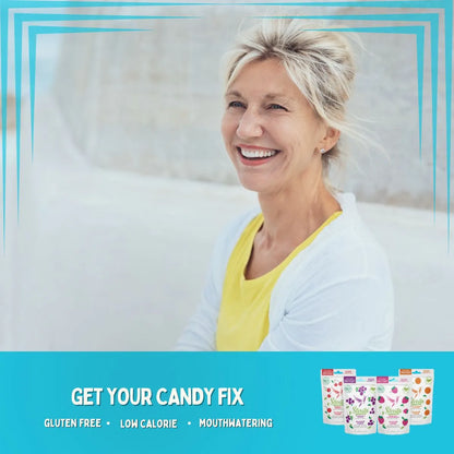 Joyful older woman enjoying a guilt-free grape-flavored sugar-free hard candy, representing inclusivity and satisfaction across ages.