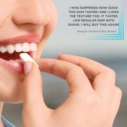 Close-up of a person smiling while holding a piece of sugar-free hum gum near their mouth. Text reads an enthusiastic Amazon review praising the taste and texture.