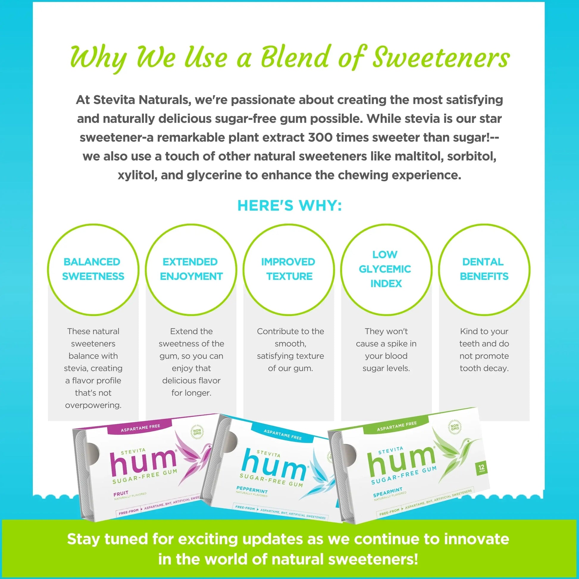 Infographic titled "Why We Use a Blend of Sweeteners" by Stevita Naturals. It highlights benefits of using stevia, maltitol, sorbitol, xylitol, and glycerine in gum. Benefits include balanced sweetness, extended enjoyment, improved texture, low glycemic index, and dental benefits. Image features boxes of sugar-free gum in fruit, peppermint, and spearmint flavors at the bottom. Tone is informative and promotional.