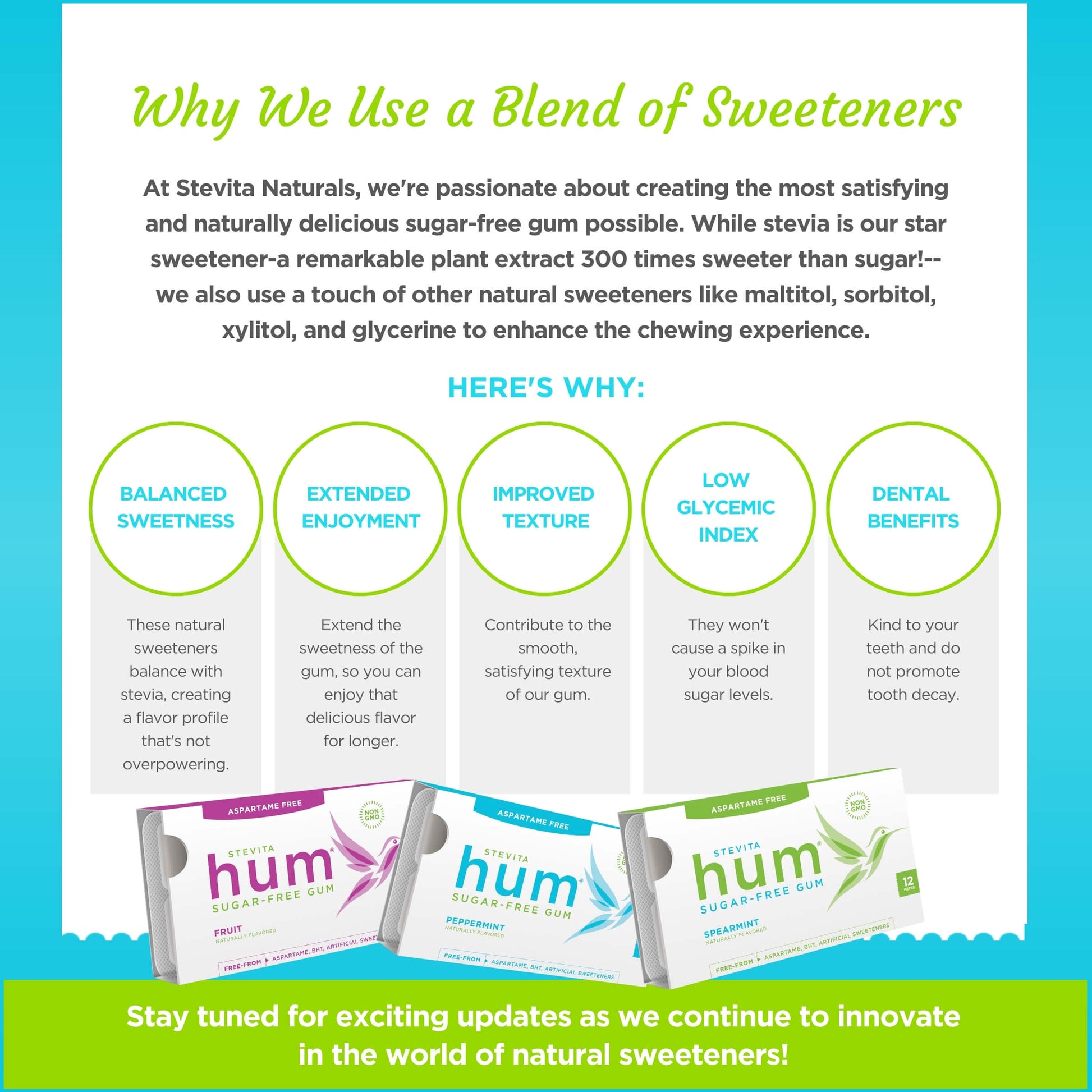 Infographic titled "Why We Use a Blend of Sweeteners" by Stevita Naturals. It highlights benefits of using stevia, maltitol, sorbitol, xylitol, and glycerine in gum. Benefits include balanced sweetness, extended enjoyment, improved texture, low glycemic index, and dental benefits. Image features boxes of sugar-free hum gum in fruit, peppermint, and spearmint flavors at the bottom. Tone is informative and promotional.