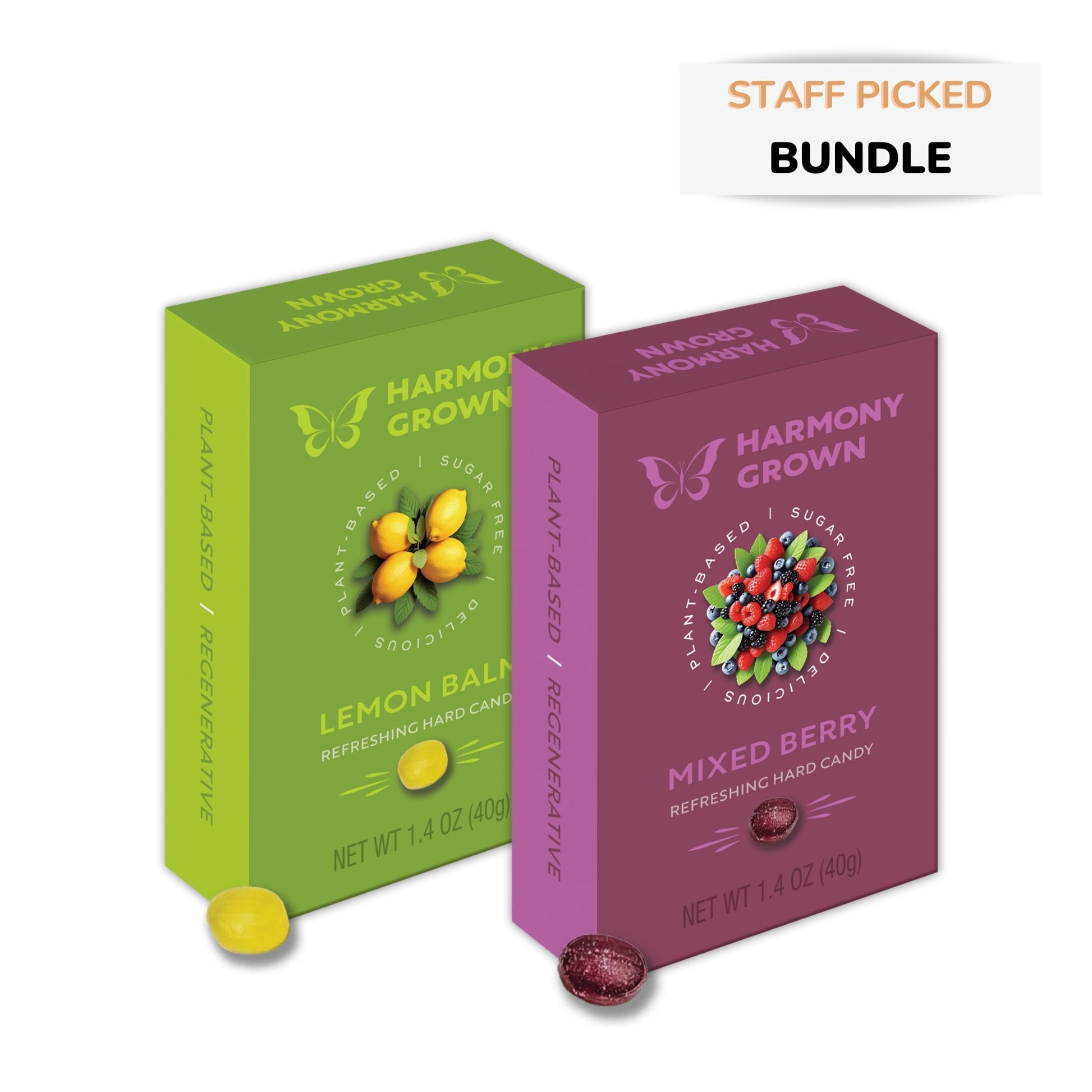 Two boxes of Harmony Grown hard candy, Lemon Balm and Mixed Berry, with a "Staff Picked Bundle" tag.