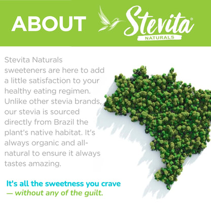 Info about Stevita Naturals, text about organic stevia sourced from Brazil, and trees shaped like Brazil's map.