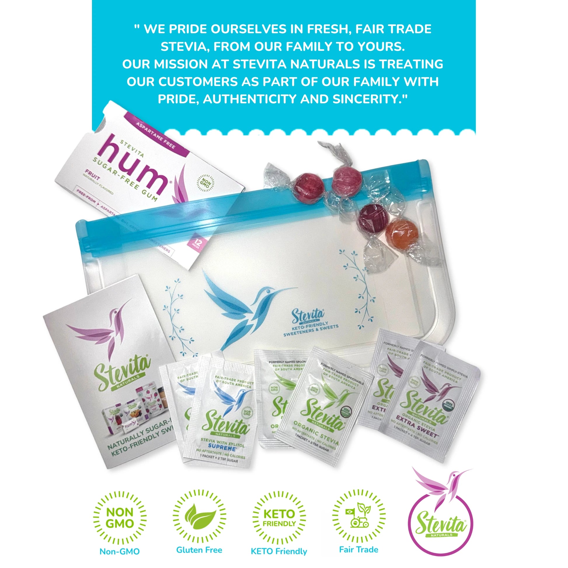 Stevita Naturals products arranged on a white background, including packets of sweeteners and gum, along with a pouch and candies.