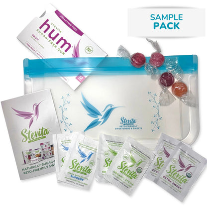 Sample pack of Stevita Naturals products, including gum, stevia packets, and candies.