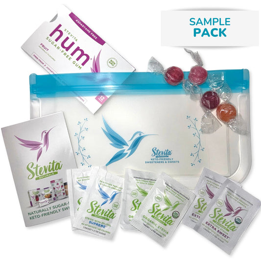 Sample pack of Stevita Naturals products, including gum, stevia packets, and candies.