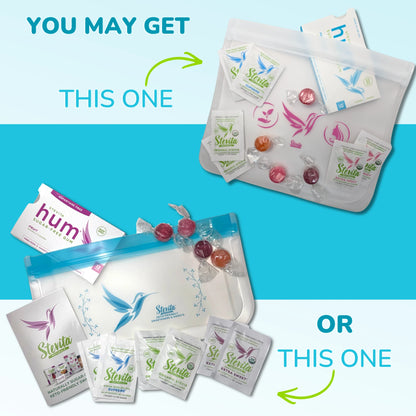 Two sets of promotional items in zipper bags with stevia packets and hum gum, indicating possible options.